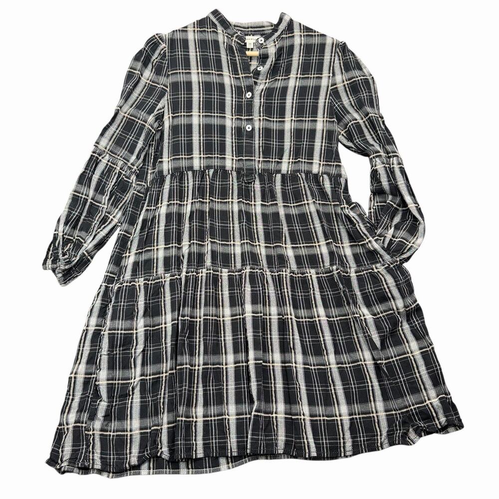 Max Studio Plaid Tiered Mini Dress A-Line Pockets Rayon Sz XS Prairie